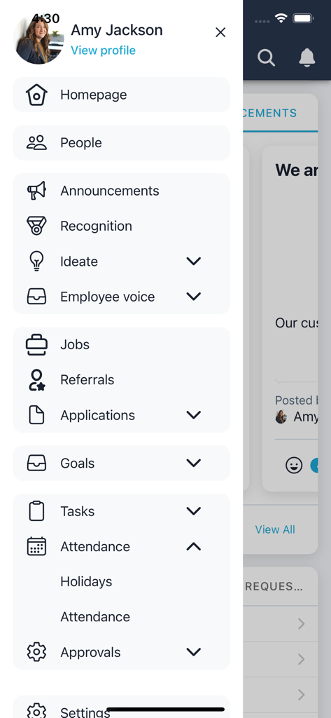 peopleHum - The side navigation menu of the peopleHum app displaying various HR management features such as attendance, goals, and recruitment.