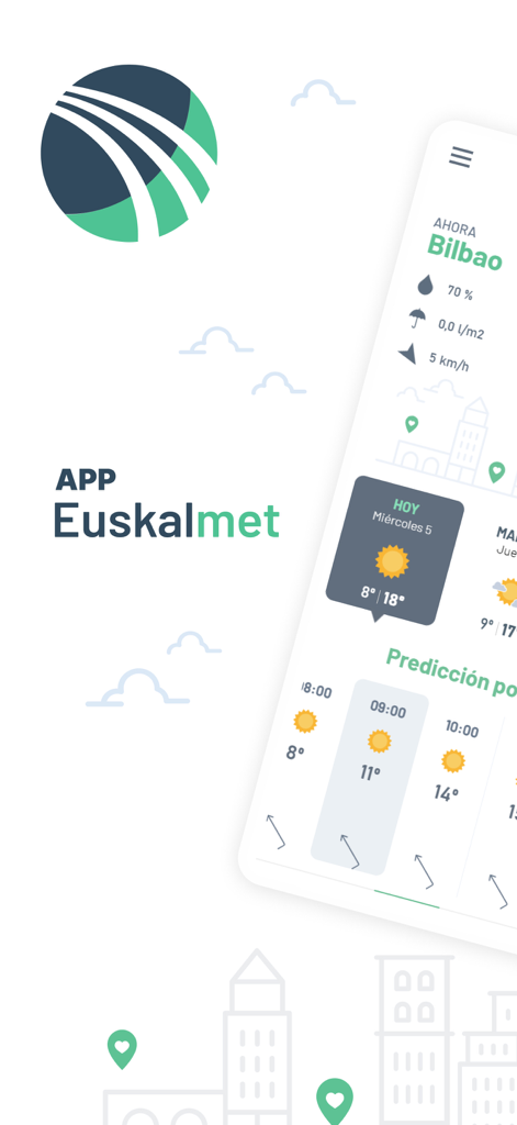 Interfaz de la aplicación meteorológica Euskalmet mostrando detalles del pronóstico de Bilbao y temperatura.