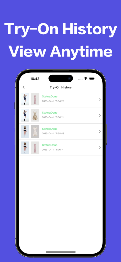 AI Try-Onアプリのバーチャル試着履歴ログ。完了した衣装プレビューと日付が表示されたスマートフォン画面。