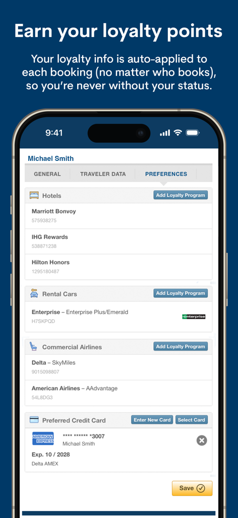 FlightBridge mobile app interface showing travel preferences and loyalty points integration for hotels car rentals and airlines