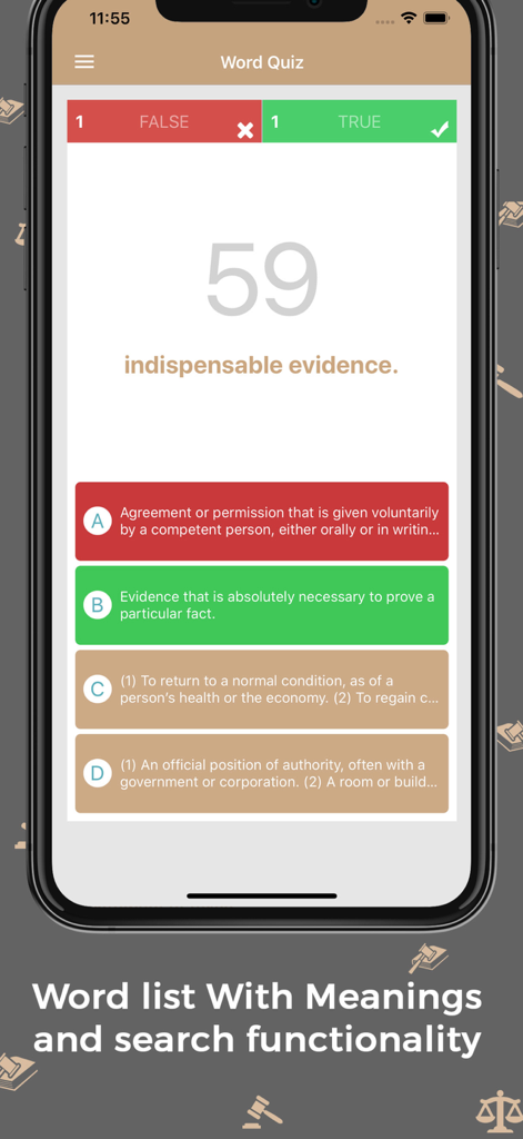 Law Dictionary : Offline - Legal terminology quiz interface with multiple choice options for law terms