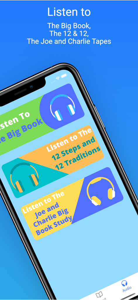 Everything AA app interface featuring audio options for the Big Book and Joe and Charlie tapes