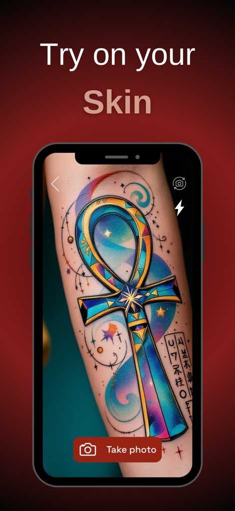 AI Tattoo Design・ TattooLab - Pantalla de smartphone que muestra un diseño de tatuaje colorido de Ankh cósmico previsualizándose en un antebrazo usando la aplicación TattooLab.