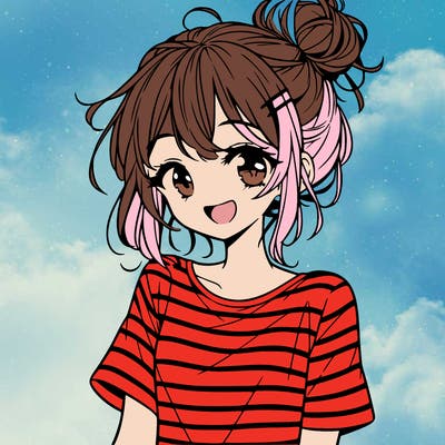 anime girl teenager striped shirt and smile and messy bun