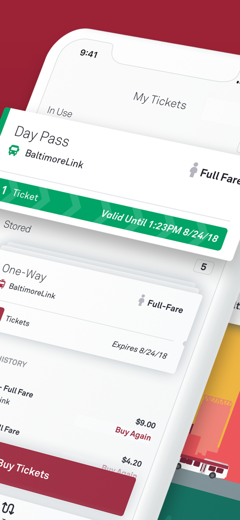 CharmPass - CharmPass app interface showing digital transit tickets and day passes for BaltimoreLink services
