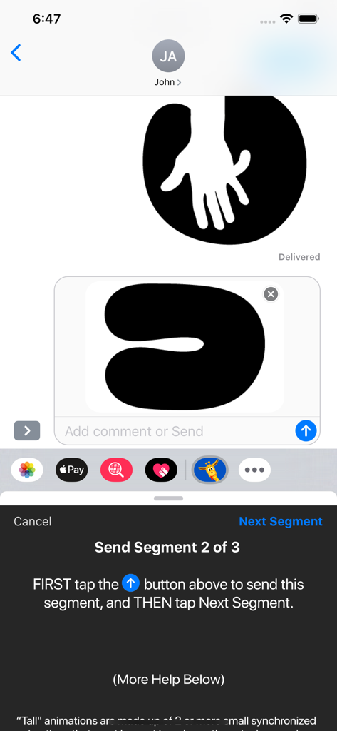 CLIPish Tall Animations - Una pantalla de iPhone que muestra el proceso de envío de animaciones altas en segmentos dentro de iMessage