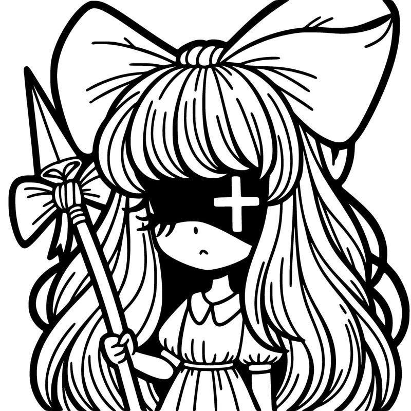 girl with long hair covering her right eye and a cross over her right eye, big bow in hair, holding a spear