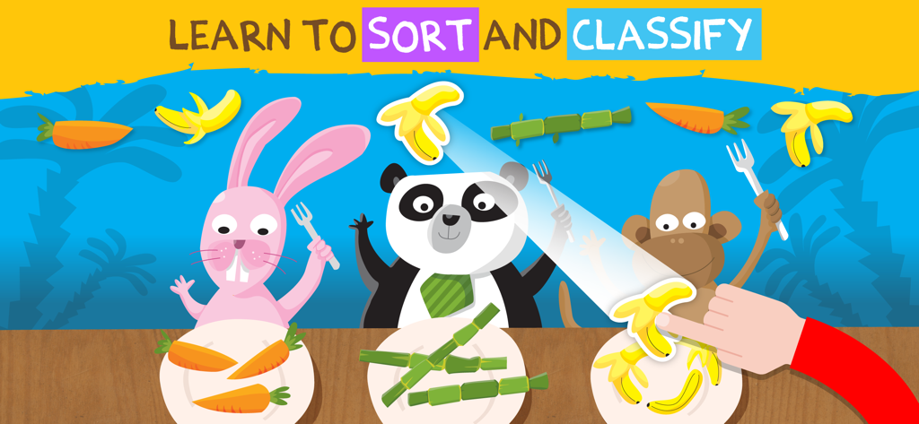 Matching games: toddlers, kids - Bildschirm für Lernspiele, auf dem ein Kind eine Banane zu einem Affen in einem Sortier- und Klassifizierungsspiel mit Tieren zieht