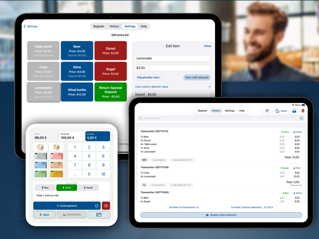 Interface do aplicativo Caixa de Eventos em um iPad mostrando configurações de lista de preços, histórico de vendas e um calculador de troco
