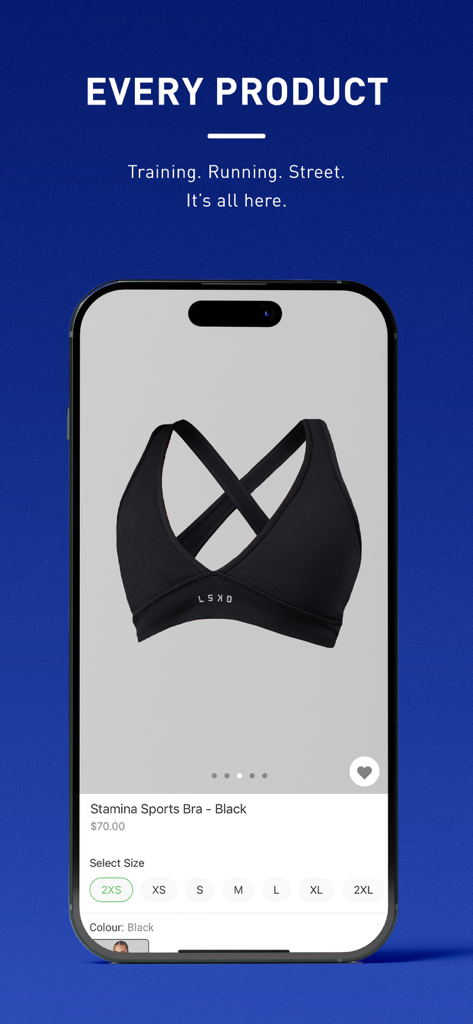 App móvil LSKD US mostrando una página de producto de un sujetador deportivo negro con opciones de selección de talla