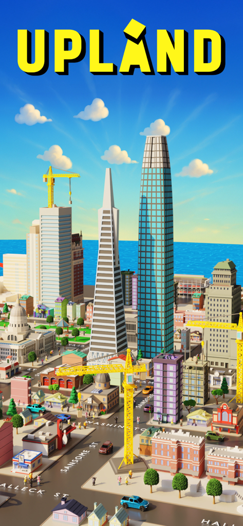 A 3D city skyline with skyscrapers and yellow construction cranes in the Upland city builder mobile game