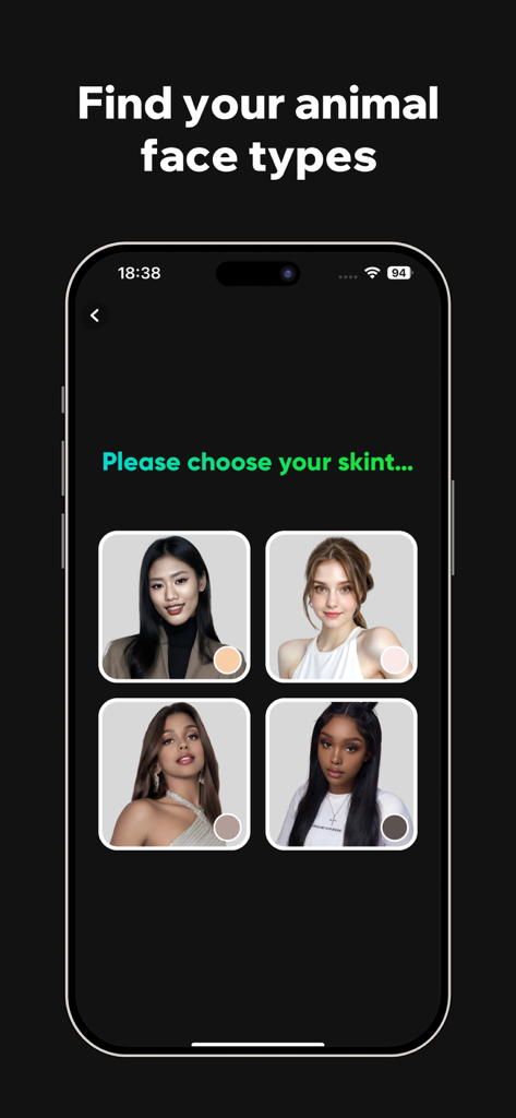 AnimalFace - looksmax ai score - A mobile app screen titled Find your animal face types showing a selection of four different skin tone options represented by diverse models.