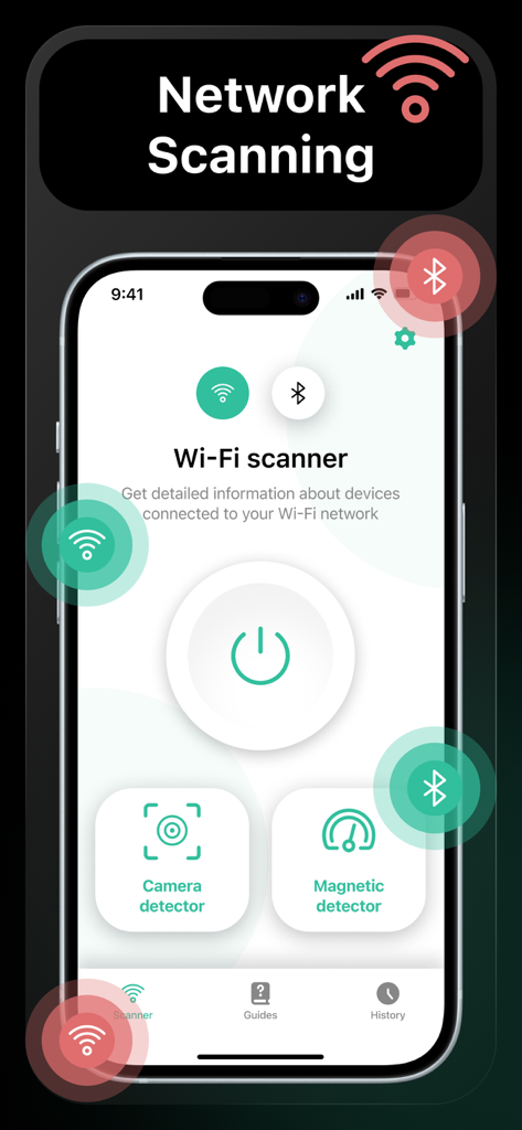 Hidden Device－Detector, Camera - Pantalla de la aplicación Hidden Device Detector mostrando escaneo de red y funciones de escáner WiFi para la privacidad.