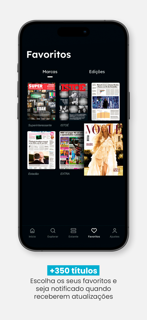 Aya Bancah app favorites screen showing various Brazilian magazines and newspapers.