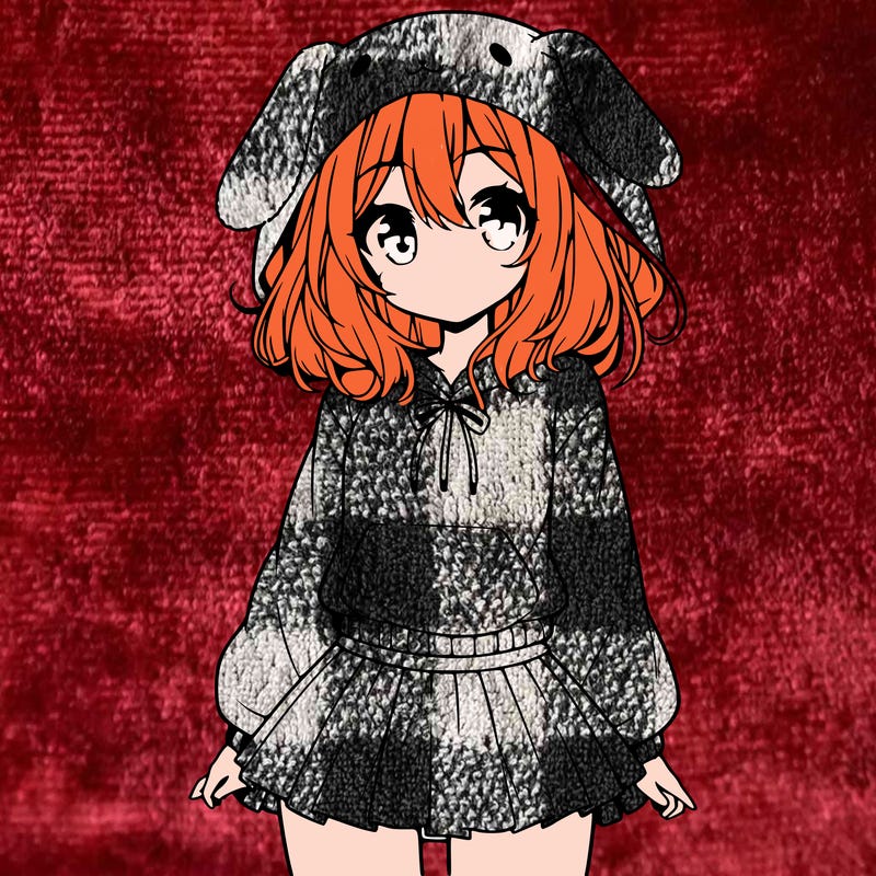 pretty anime girl wearing a fluffy hoodie with bunny ears on the hood and a skirt