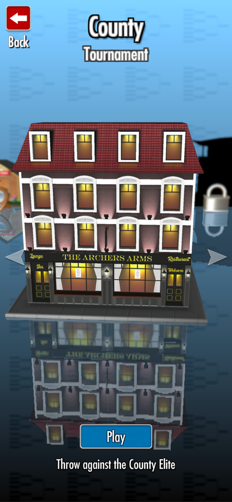 County Tournament selection screen featuring The Archers Arms pub venue in Bulls i Darts Masters Edition.