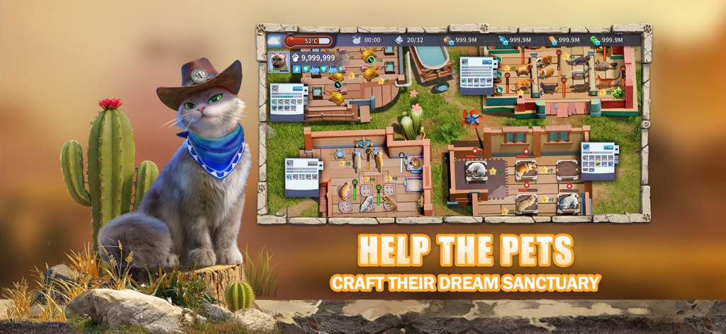 CatDog World: After Humans - A cat in a cowboy hat standing next to a top-down view of an animal sanctuary building interface in a desert environment.