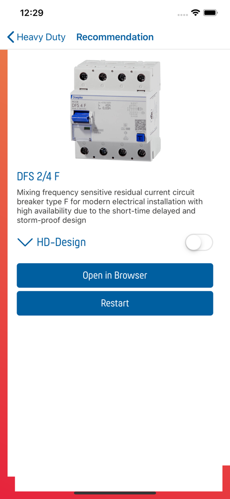 Pantalla de recomendación de la aplicación Doepke que muestra el interruptor diferencial DFS 2/4 F.