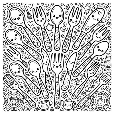 Unleash your creativity with this super cute Kawaii Cutlery coloring page, featuring an array of happy forks, spoons, and knives. Each adorable utensil is adorned with playful patterns, inviting you to bring them to life with vibrant colors.