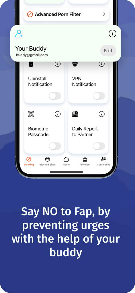 BlockerX app interface showing the accountability partner buddy feature and notification settings