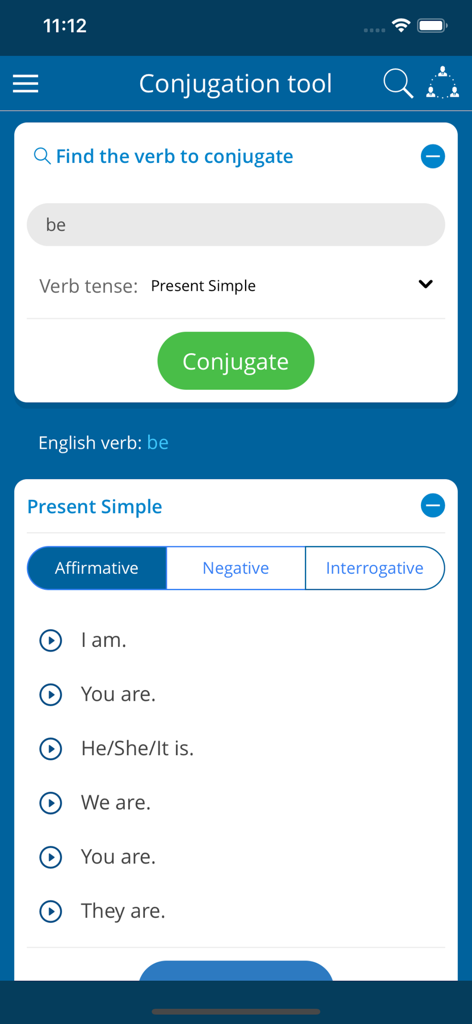 English Course - Learn English - Mobile interface of an English verb conjugation tool showing the verb be in present simple