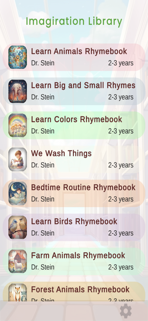 Children's Books Read Aloud - Imagiration Library screen showing a list of educational rhymebooks for children aged 2 to 3 years.