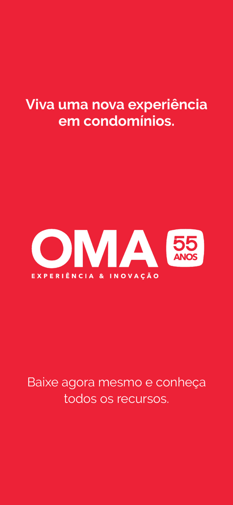 OMA Online - OMA Online mobile app splash screen with red background featuring company logo and 55 years of experience text