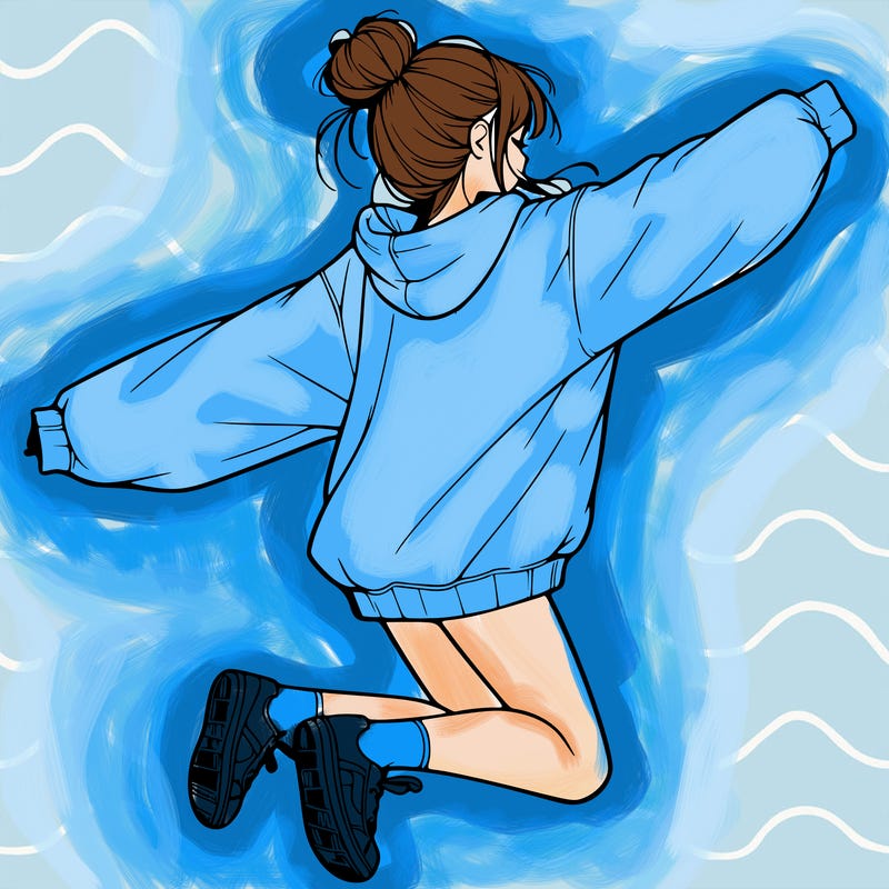 realistic girl jumping with a bun and oversized sweatshirt