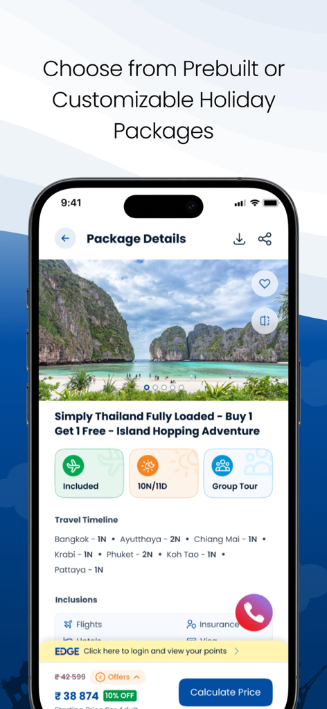 旅程と含まれる内容を含むタイのホリデーパッケージを表示するトーマス・クック・アプリのインターフェース