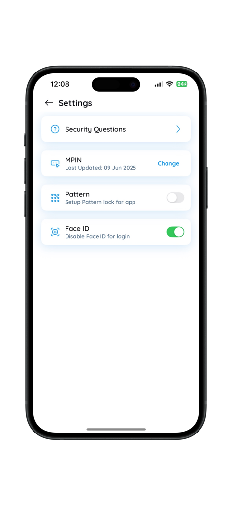 SVC NXT - Tela de configurações de segurança do banco SVC NXT mostrando opções de Face ID e MPIN