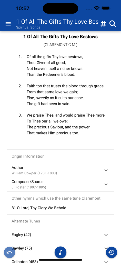 Hymn lyrics and composer information in the GrowInGrace Hymnal mobile app.