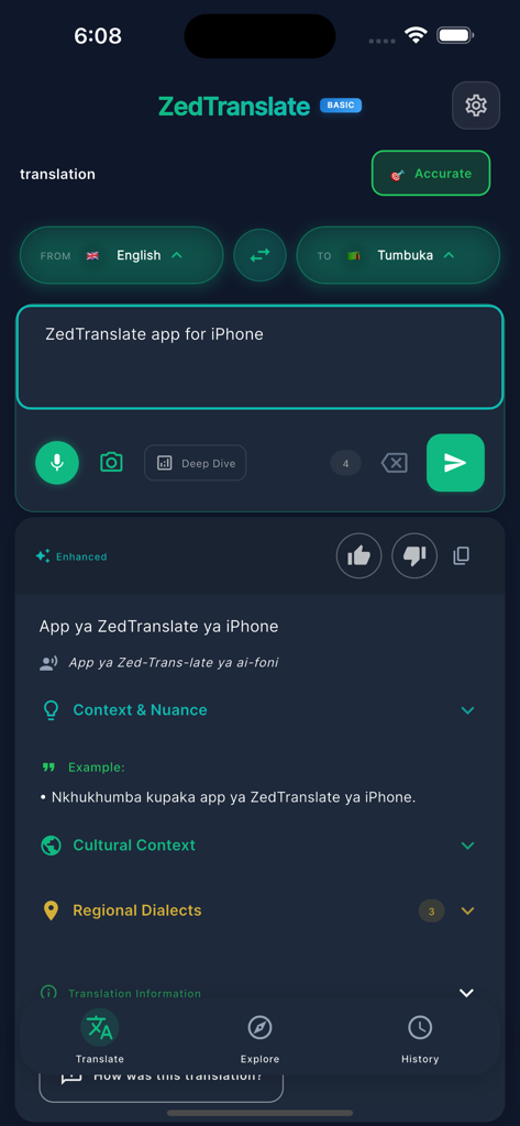 ZedTranslate - ZedTranslate app interface translating English to Tumbuka with cultural context features