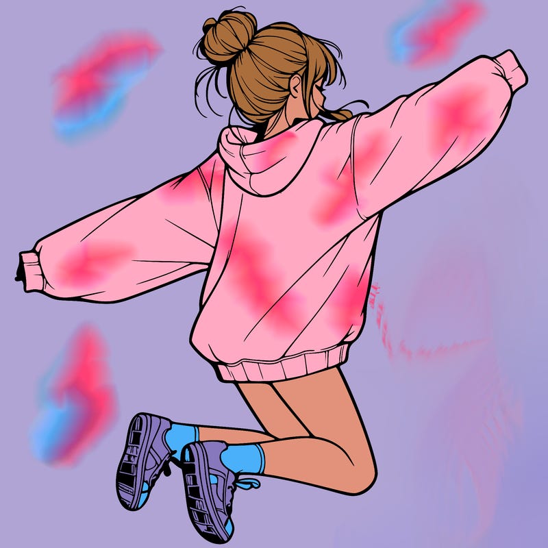 realistic girl jumping with a bun and oversized sweatshirt