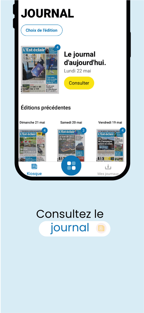 Interface of the L'Est éclair app showing today's digital newspaper edition and a list of previous issues for selection.