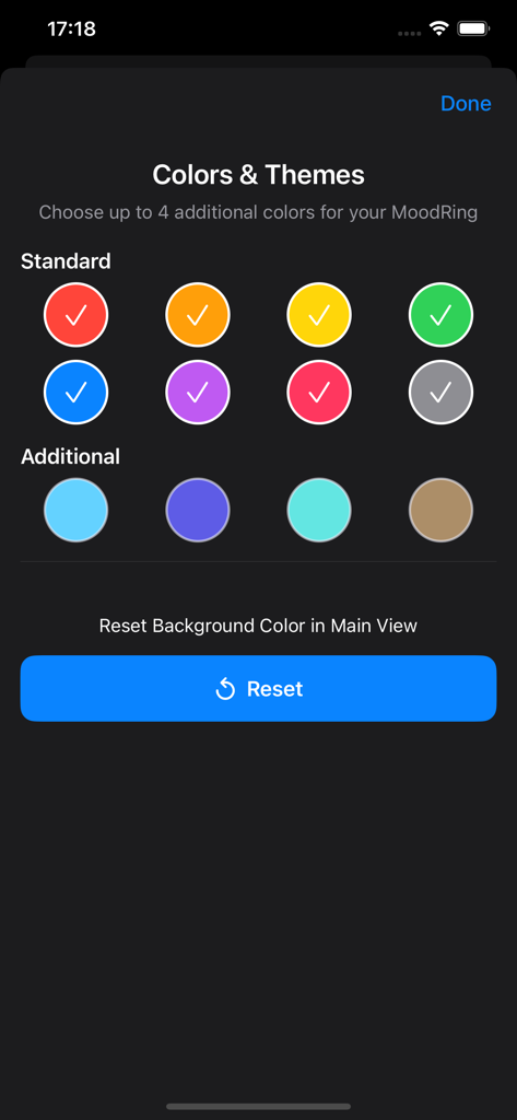 MuudYu - MuudYu app settings screen for customizing MoodRing colors and background themes