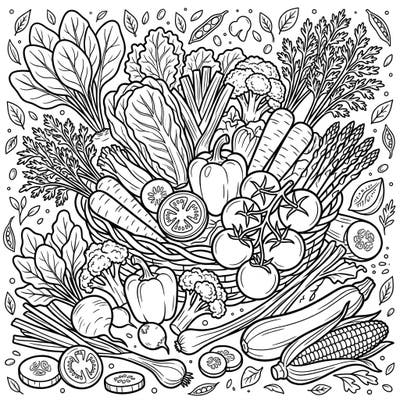 Unleash your creativity with this bountiful coloring page featuring a dynamic collection of fresh vegetables and salads. Designed for teens, it offers intricate details and endless opportunities to bring healthy produce to life with your favorite colors.