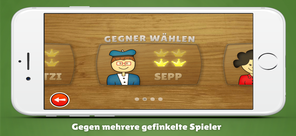Screenshot of the Schnapsen App showing the opponent selection screen with cartoon character Sepp