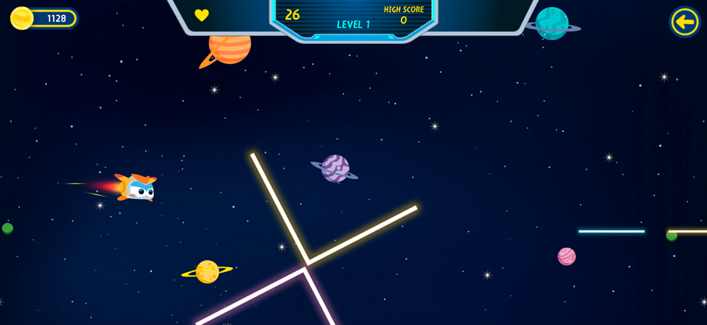 El personaje de Super Wings Astra volando a través de un nivel temático espacial con planetas y obstáculos de neón