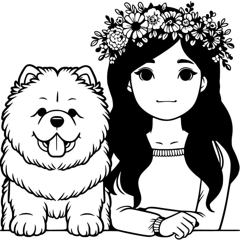 teen girl  with flowers crown with a chow chow