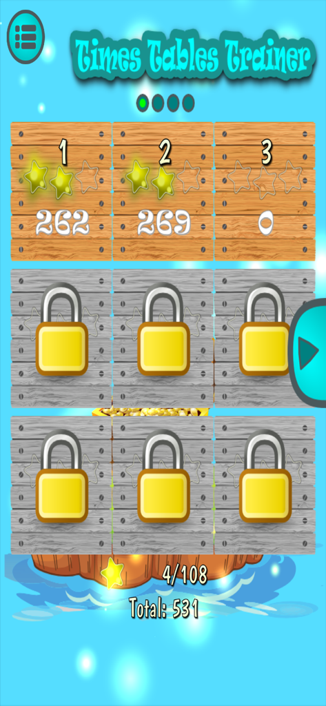 Times Tables Math Trainer UN - Times Tables Math Trainer level selection screen with stars and locked levels