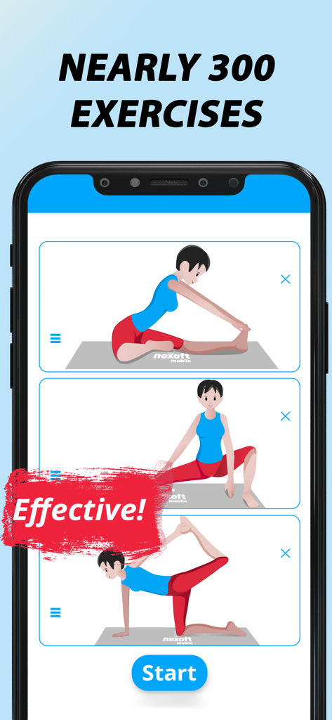 Pantalla de la aplicación de splits que muestra múltiples ilustraciones de ejercicios de estiramiento y un botón de inicio.