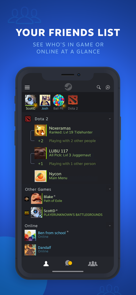 Steam Chat mobile app interface showing a friends list with real-time online status and current PC games being played.