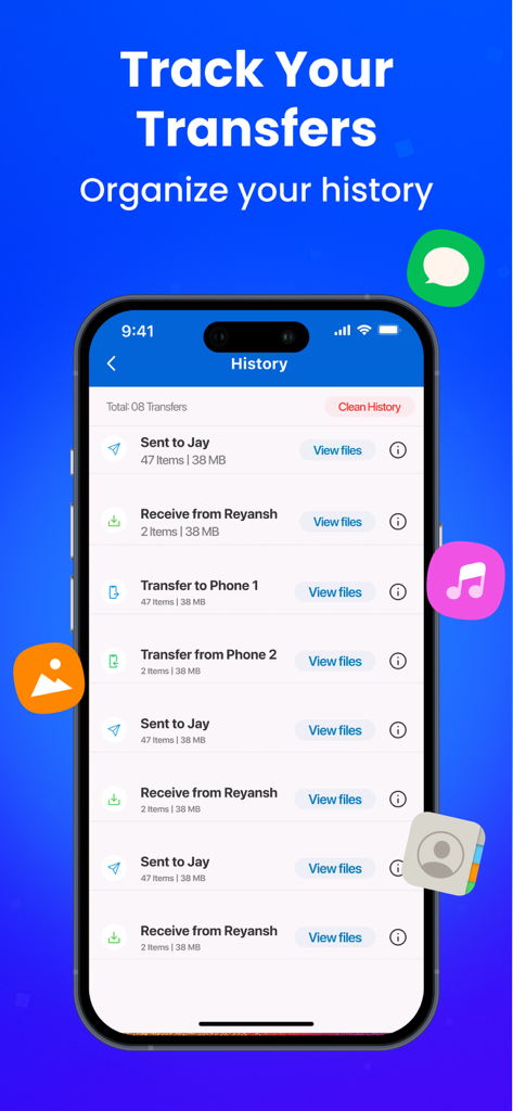 A smartphone screen displaying the transfer history log in the Phone Clone app showing files sent and received