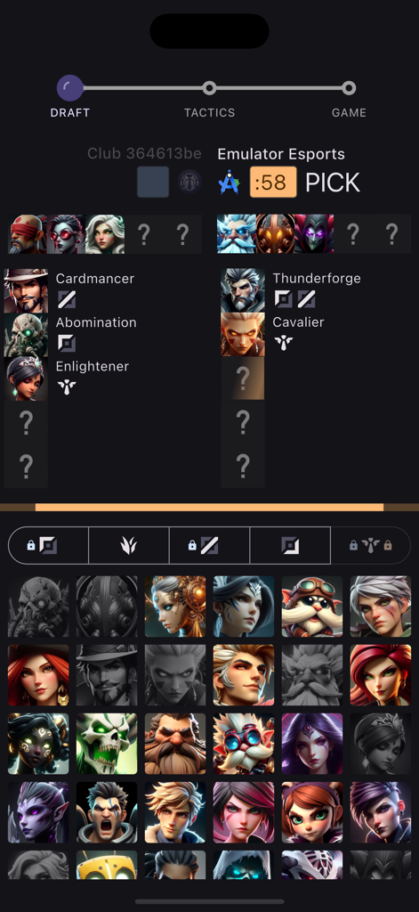 ESMO: Esports Manager Online - ESMO mobile app screenshot showing the MOBA draft phase where managers pick and ban characters for their esports team
