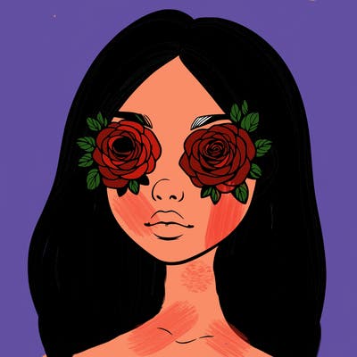 a realistic girl with roses for eyes