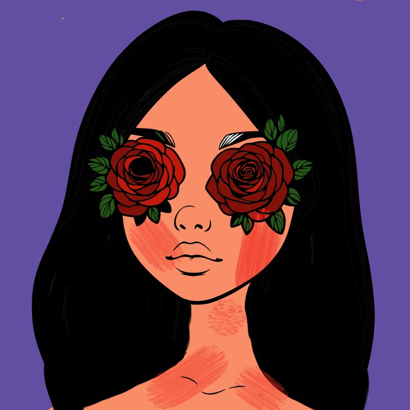 a realistic girl with roses for eyes