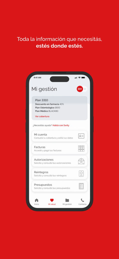 Swiss Medical - Interface de l'application Swiss Medical montrant la section Ma Gestion avec les détails du forfait et les options de service de santé sur un smartphone
