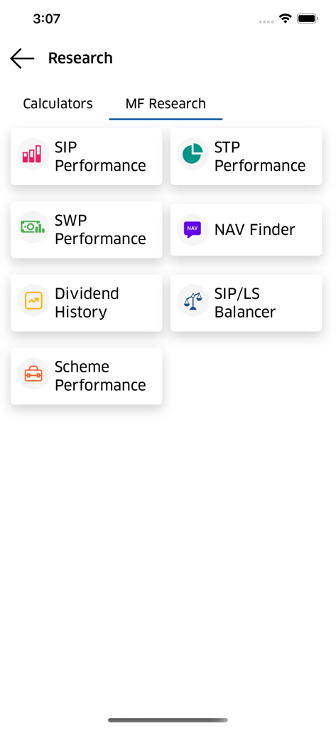 Wealth Elite - Wealth Elite mobile app research screen displaying mutual fund performance and tracking tools