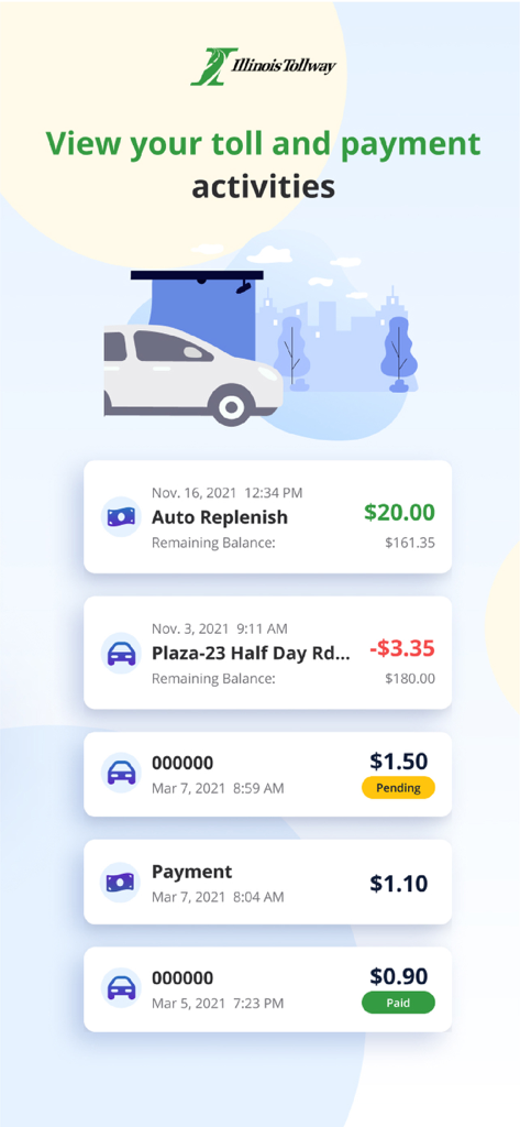 Illinois Tollway app screen displaying toll transaction history and payment activities