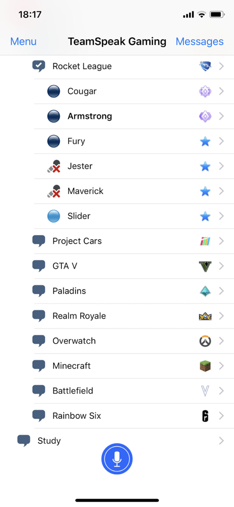 TeamSpeak 3モバイルアプリのインターフェース。戦術的な音声コミュニケーションのためのゲーミングチャンネルとアクティブユーザーが表示されています。
